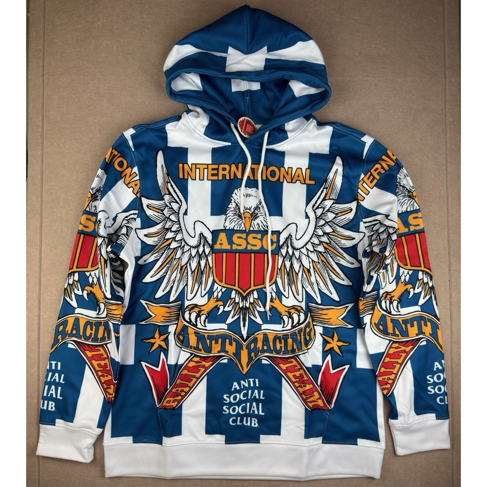 Anti Social‎ Social Club Hoodie L Blue White ASSC Eagle Graphic Racing Intl Team